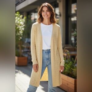 Cable Knit Long Open Front Cardigan | Ann Taylor Loft - Size XS